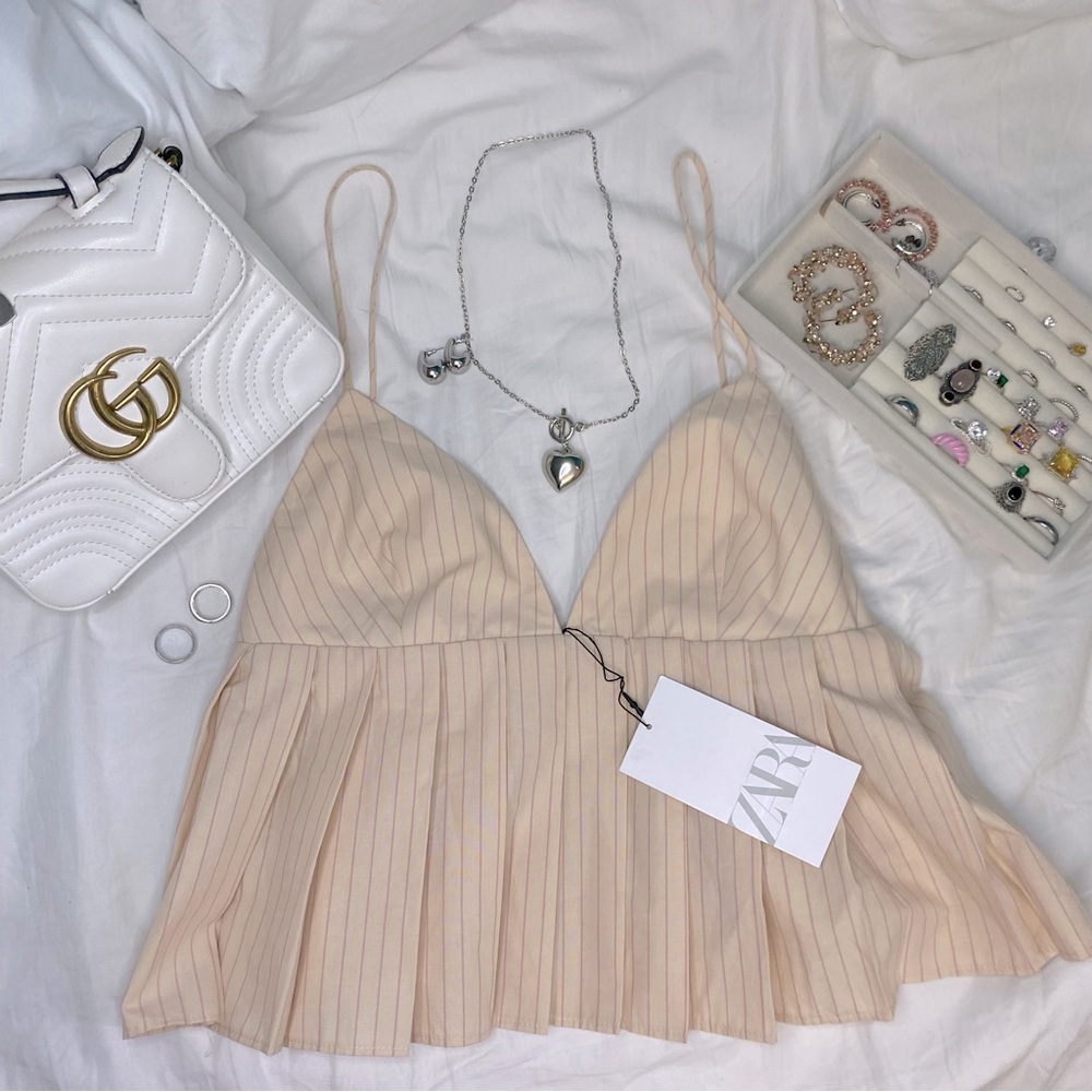 Brand New With Tags Zara Medium 100% Cotton Striped Pleated Peplum Cami Doll Top